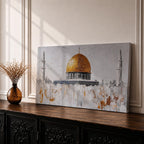 Panoramic painting of the Dome of the Rock with its large golden dome rising above pale stone structures and slender minarets. Textured brushstrokes create a minimalist Jerusalem skyline with white and gray architectural forms accented by gold highlights and subtle abstract layers across the historic mosque complex.