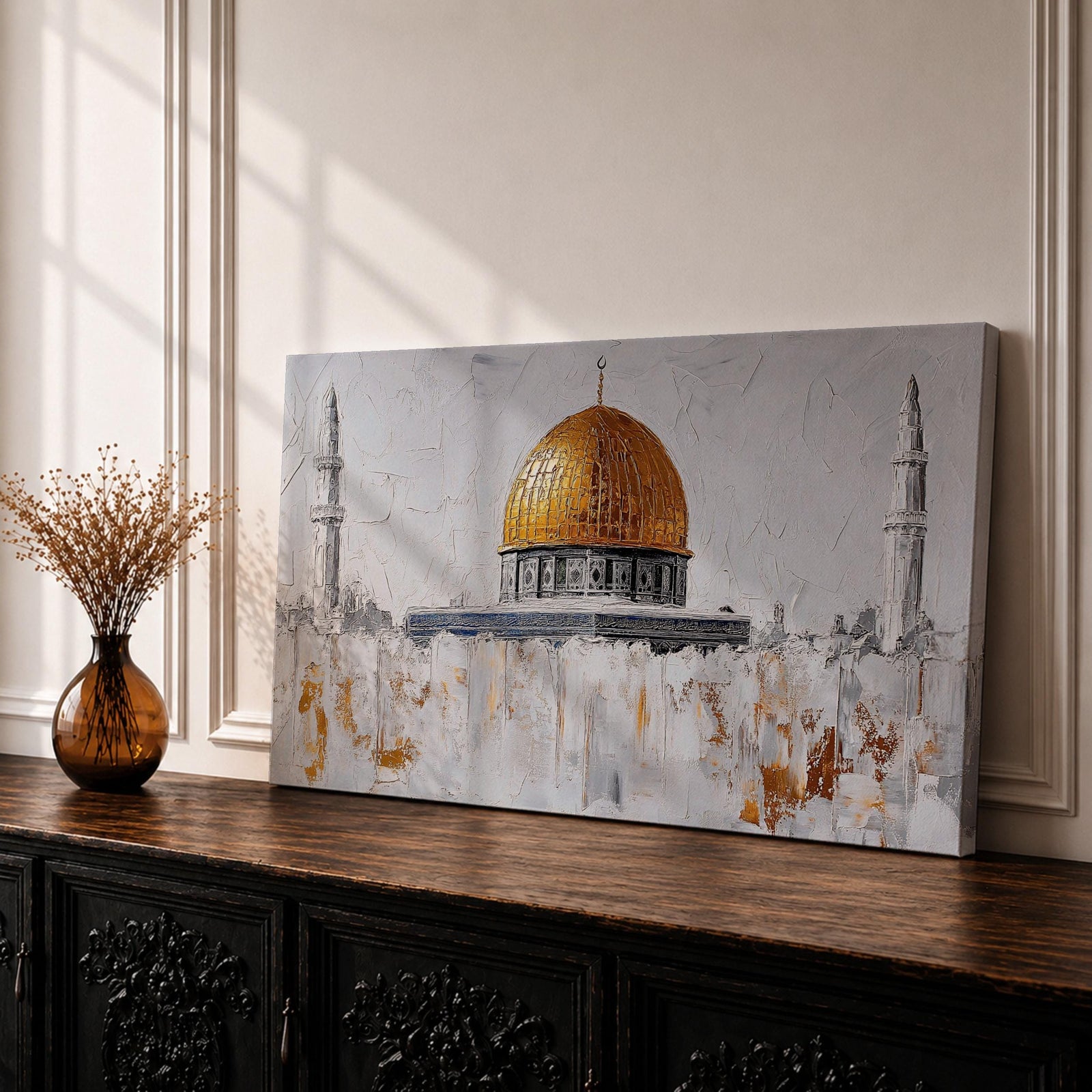Panoramic painting of the Dome of the Rock with its large golden dome rising above pale stone structures and slender minarets. Textured brushstrokes create a minimalist Jerusalem skyline with white and gray architectural forms accented by gold highlights and subtle abstract layers across the historic mosque complex.