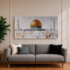 Panoramic painting of the Dome of the Rock with its large golden dome rising above pale stone structures and slender minarets. Textured brushstrokes create a minimalist Jerusalem skyline with white and gray architectural forms accented by gold highlights and subtle abstract layers across the historic mosque complex.