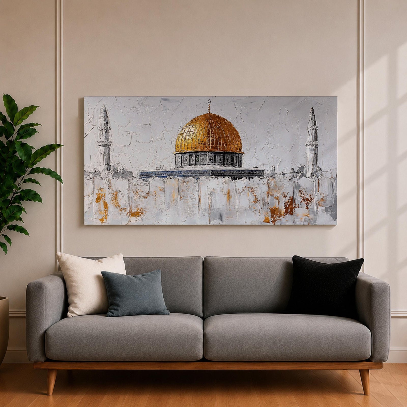 Panoramic painting of the Dome of the Rock with its large golden dome rising above pale stone structures and slender minarets. Textured brushstrokes create a minimalist Jerusalem skyline with white and gray architectural forms accented by gold highlights and subtle abstract layers across the historic mosque complex.