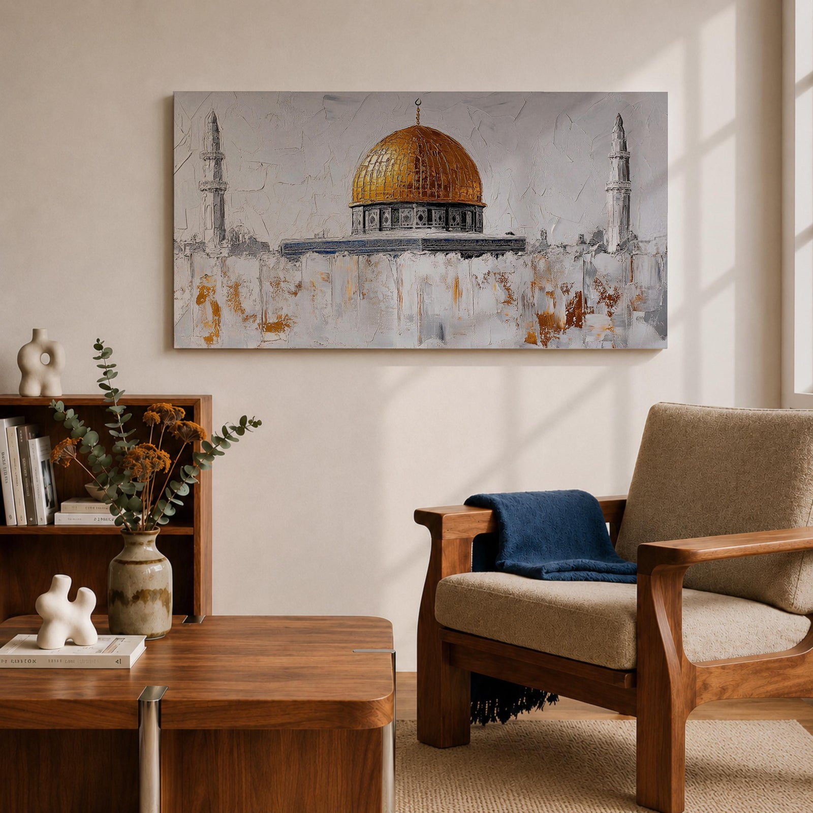 Panoramic painting of the Dome of the Rock with its large golden dome rising above pale stone structures and slender minarets. Textured brushstrokes create a minimalist Jerusalem skyline with white and gray architectural forms accented by gold highlights and subtle abstract layers across the historic mosque complex.