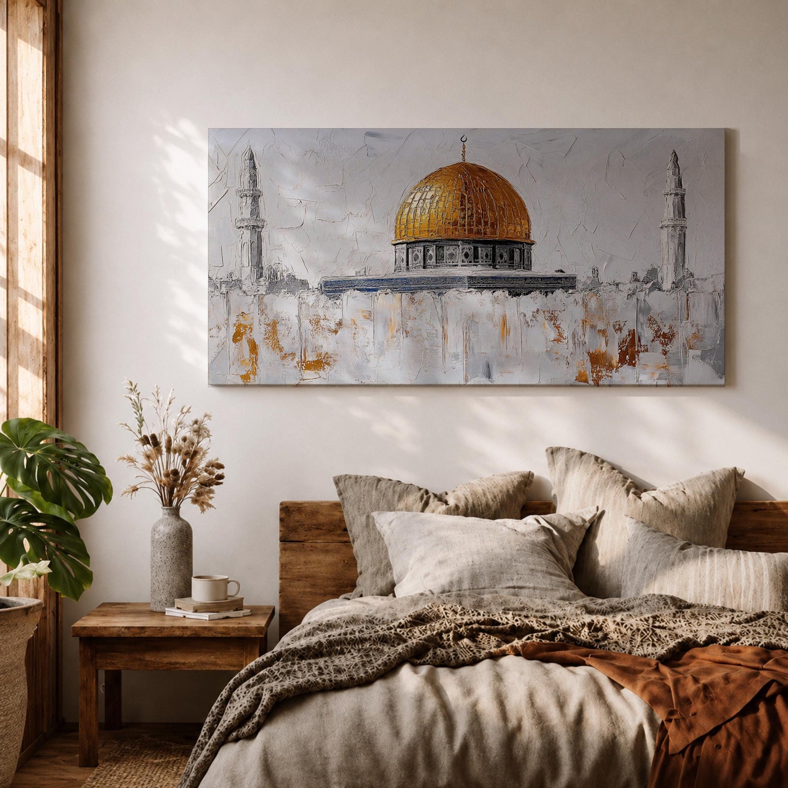 Panoramic painting of the Dome of the Rock with its large golden dome rising above pale stone structures and slender minarets. Textured brushstrokes create a minimalist Jerusalem skyline with white and gray architectural forms accented by gold highlights and subtle abstract layers across the historic mosque complex.