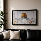 Panoramic painting of the Dome of the Rock with its large golden dome rising above pale stone structures and slender minarets. Textured brushstrokes create a minimalist Jerusalem skyline with white and gray architectural forms accented by gold highlights and subtle abstract layers across the historic mosque complex.