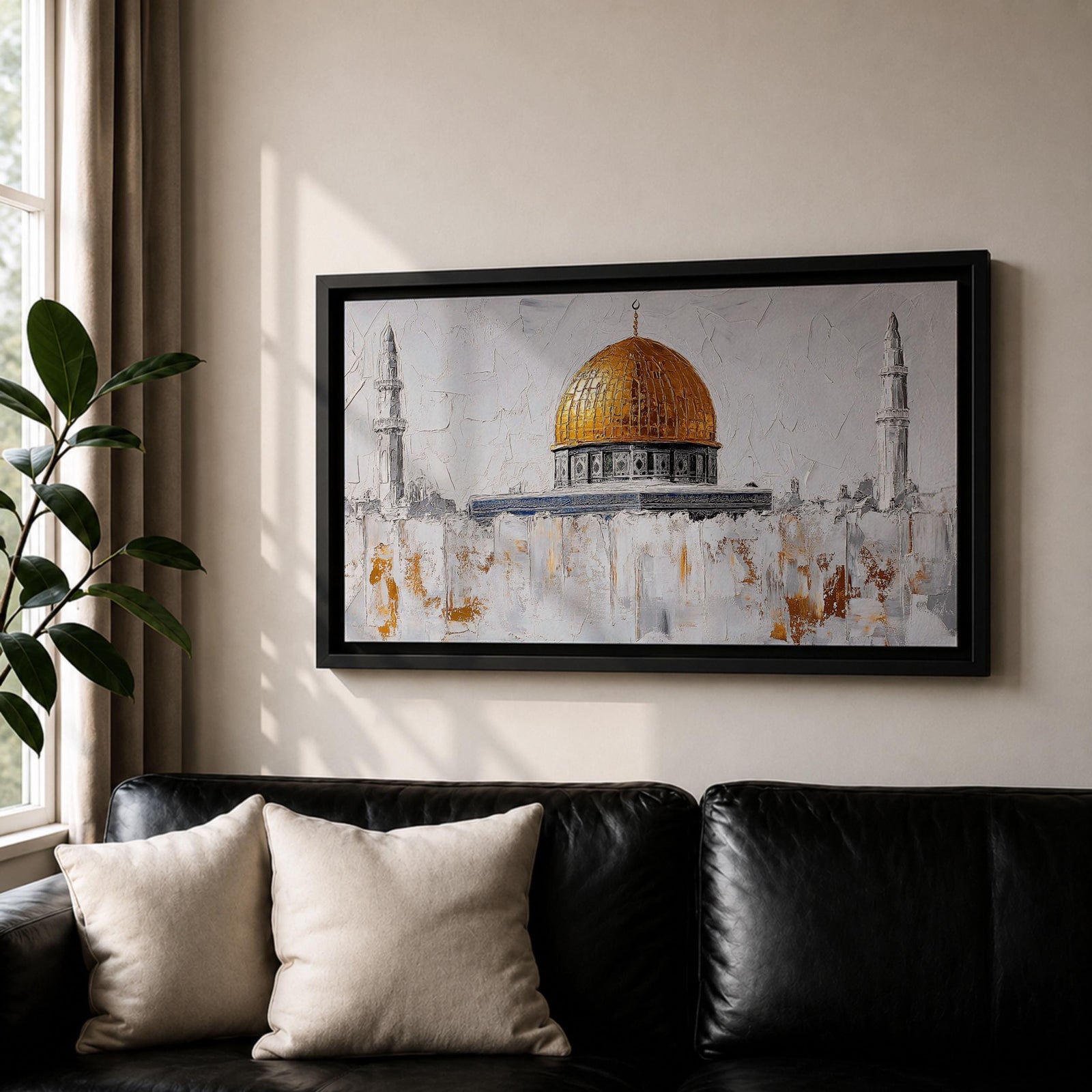 Panoramic painting of the Dome of the Rock with its large golden dome rising above pale stone structures and slender minarets. Textured brushstrokes create a minimalist Jerusalem skyline with white and gray architectural forms accented by gold highlights and subtle abstract layers across the historic mosque complex.