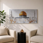Panoramic painting of the Dome of the Rock with its large golden dome rising above pale stone structures and slender minarets. Textured brushstrokes create a minimalist Jerusalem skyline with white and gray architectural forms accented by gold highlights and subtle abstract layers across the historic mosque complex.