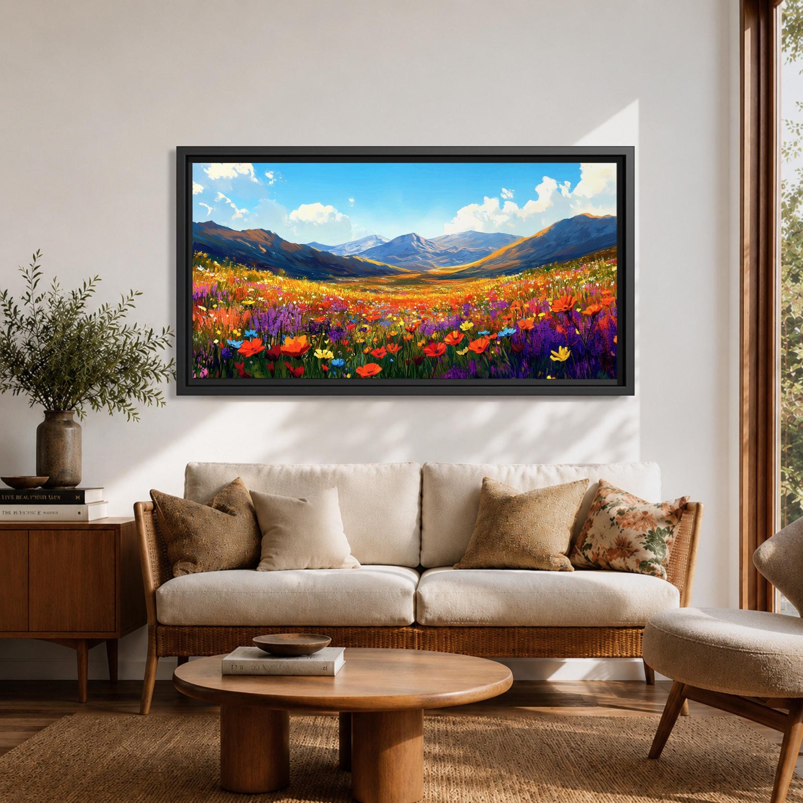 Panoramic painting of a vibrant mountain meadow filled with colorful wildflowers stretching toward distant alpine peaks. Red, yellow, purple, and blue blossoms cover the valley floor beneath a bright sky with soft clouds, while layered mountains rise along the horizon in a luminous natural landscape.