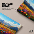 Panoramic painting of a vibrant mountain meadow filled with colorful wildflowers stretching toward distant alpine peaks. Red, yellow, purple, and blue blossoms cover the valley floor beneath a bright sky with soft clouds, while layered mountains rise along the horizon in a luminous natural landscape.