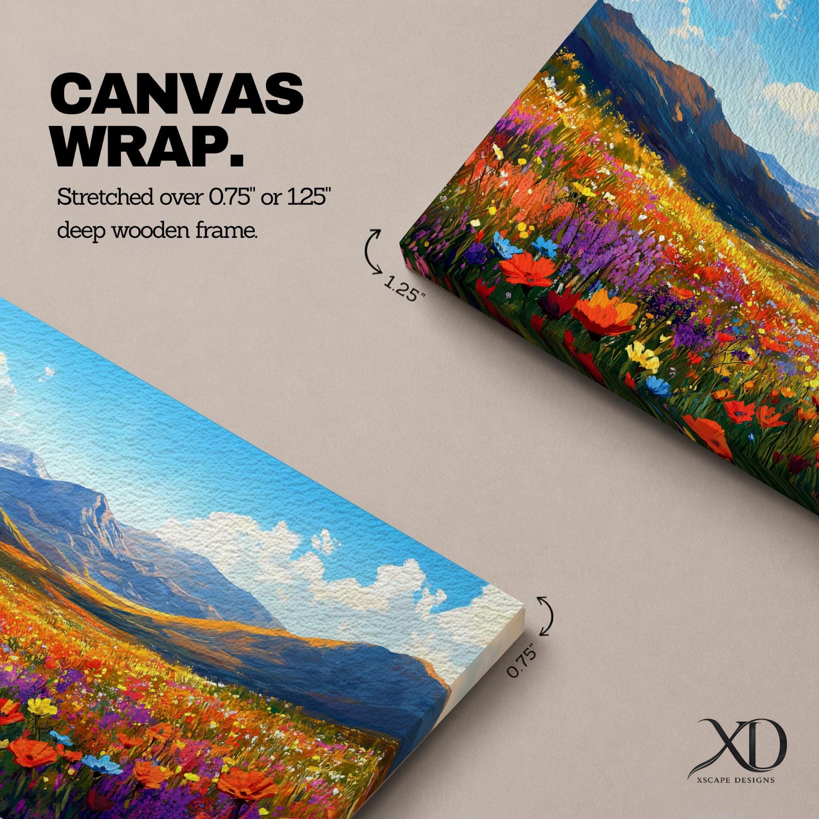 Panoramic painting of a vibrant mountain meadow filled with colorful wildflowers stretching toward distant alpine peaks. Red, yellow, purple, and blue blossoms cover the valley floor beneath a bright sky with soft clouds, while layered mountains rise along the horizon in a luminous natural landscape.
