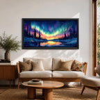 Panoramic painting of the northern lights glowing across a winter sky above a frozen river and dark pine forest. Vibrant green, purple, and blue aurora waves stretch across the night while colorful reflections shimmer on the icy water beneath a star filled sky.