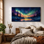 Panoramic painting of the northern lights glowing across a winter sky above a frozen river and dark pine forest. Vibrant green, purple, and blue aurora waves stretch across the night while colorful reflections shimmer on the icy water beneath a star filled sky.