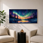 Panoramic painting of the northern lights glowing across a winter sky above a frozen river and dark pine forest. Vibrant green, purple, and blue aurora waves stretch across the night while colorful reflections shimmer on the icy water beneath a star filled sky.