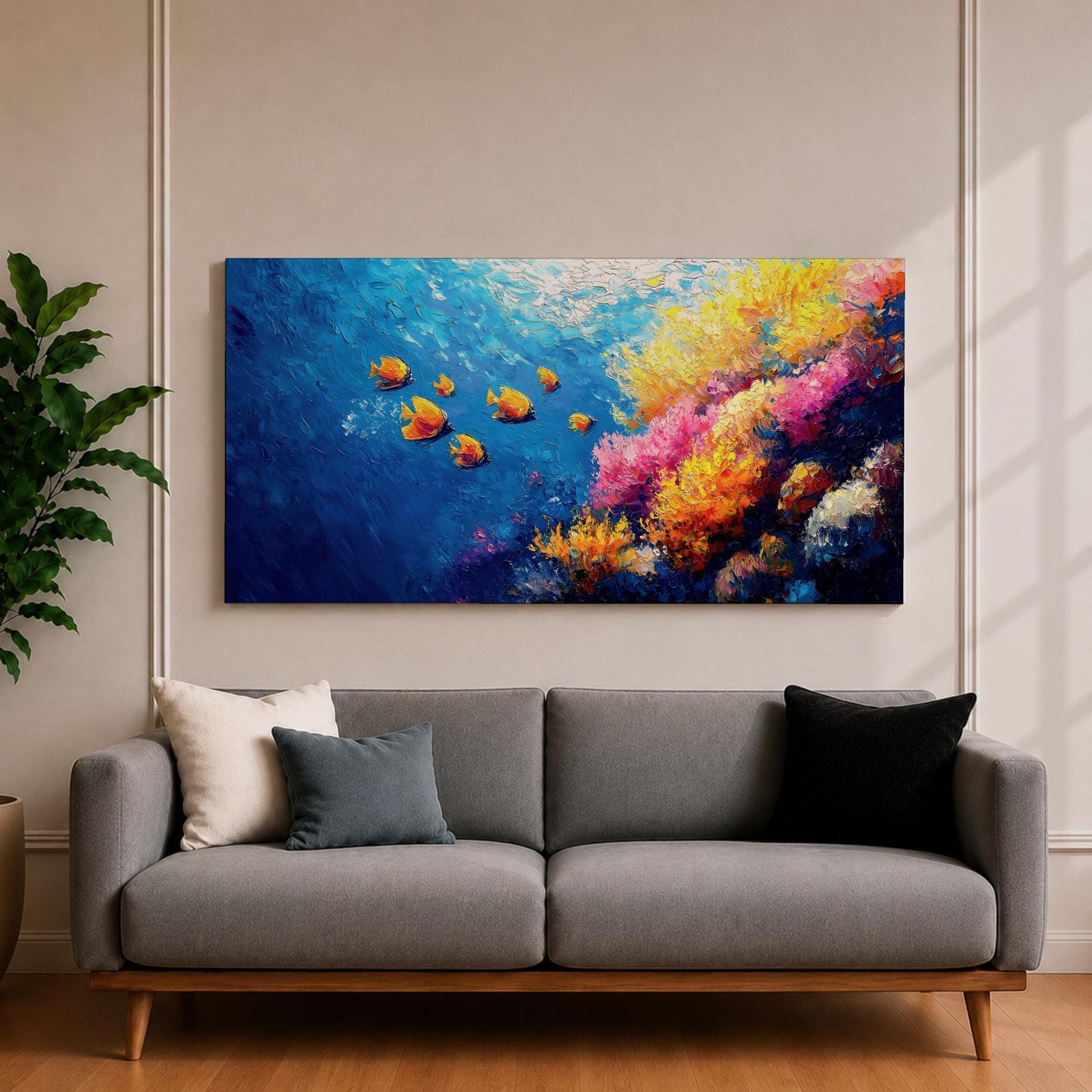 Panoramic painting of a vibrant coral reef scene with colorful tropical fish swimming through deep blue water. Bright coral formations in pink, orange, yellow, and purple spread across the seabed while small golden fish glide above the reef in a lively underwater composition.