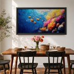 Panoramic painting of a vibrant coral reef scene with colorful tropical fish swimming through deep blue water. Bright coral formations in pink, orange, yellow, and purple spread across the seabed while small golden fish glide above the reef in a lively underwater composition.