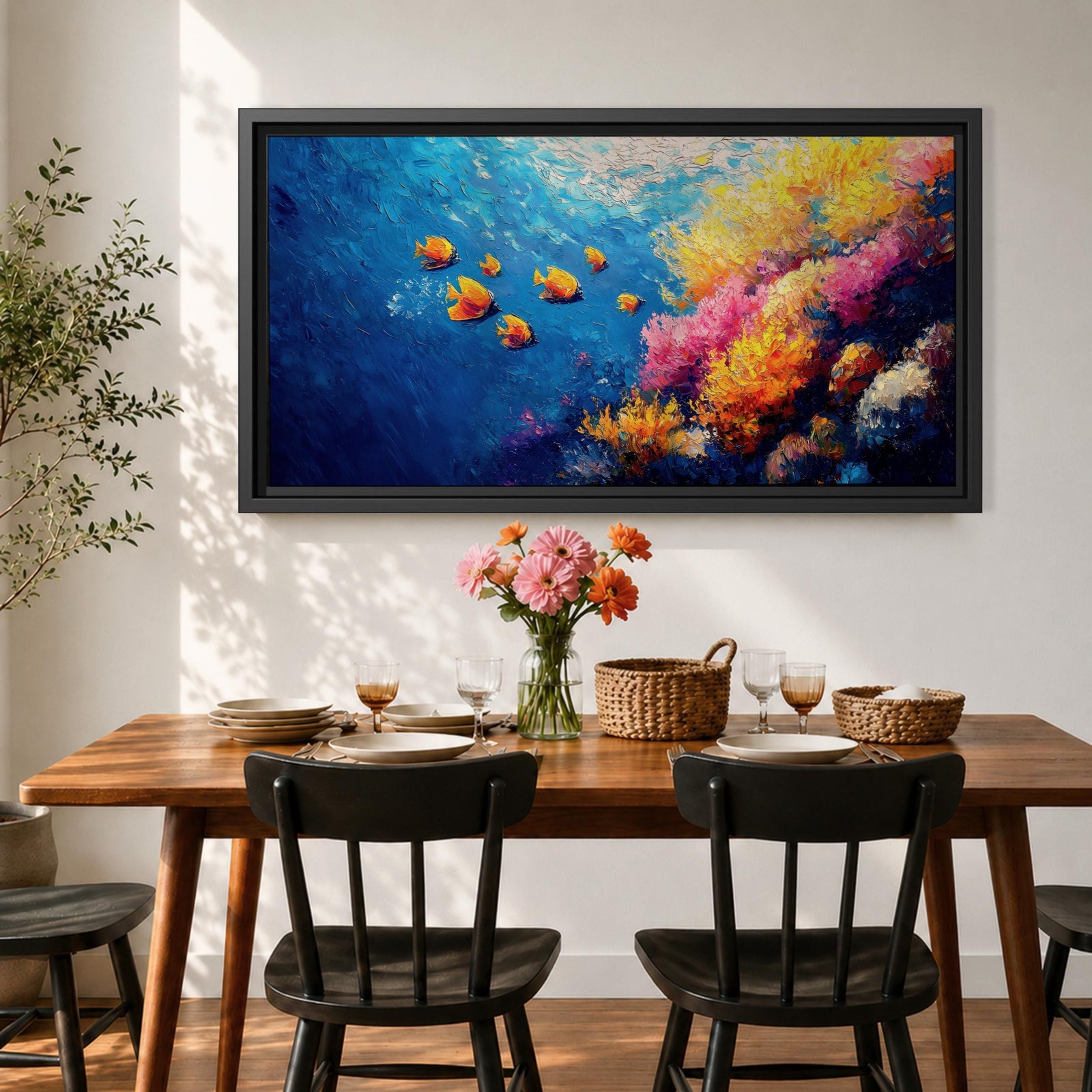 Panoramic painting of a vibrant coral reef scene with colorful tropical fish swimming through deep blue water. Bright coral formations in pink, orange, yellow, and purple spread across the seabed while small golden fish glide above the reef in a lively underwater composition.