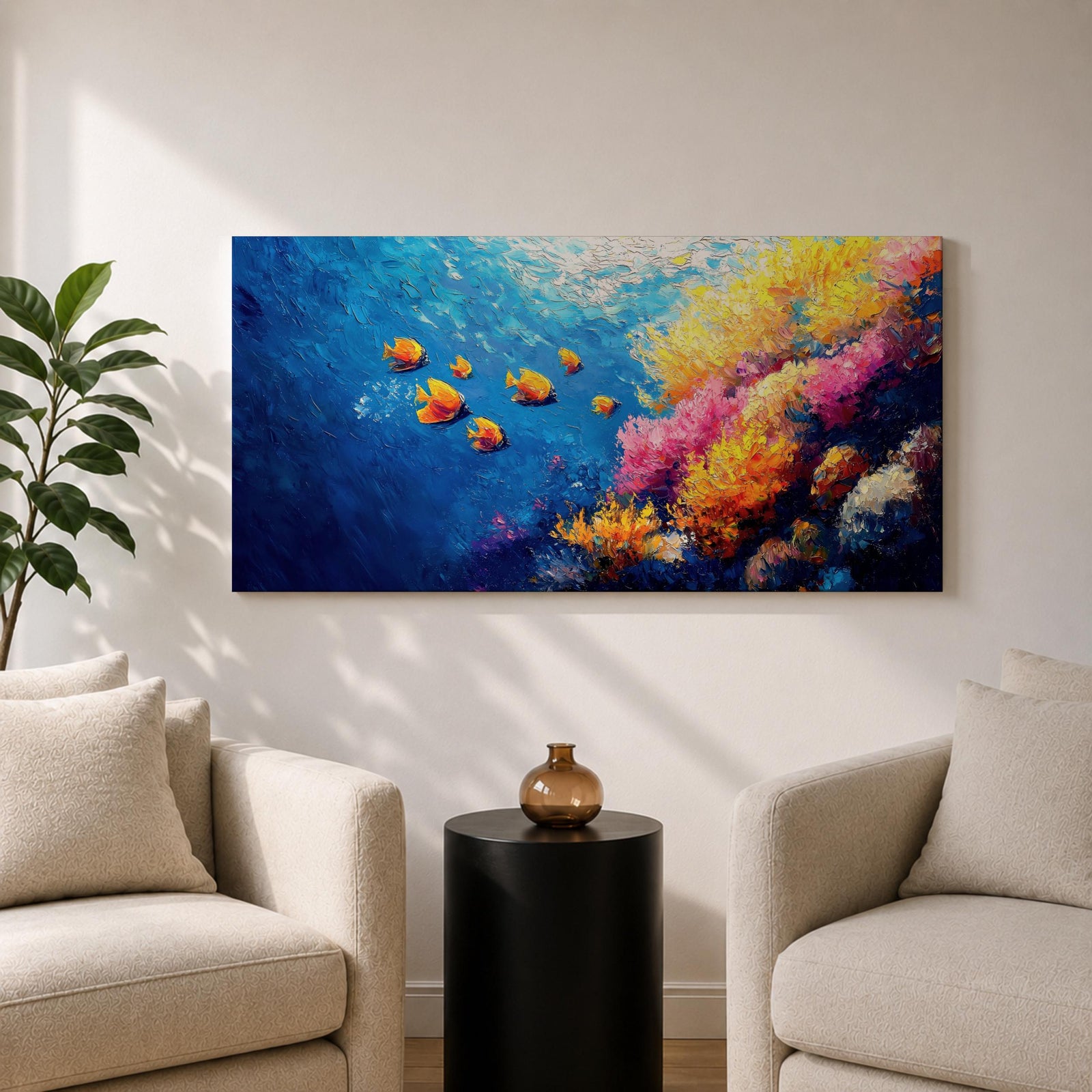 Panoramic painting of a vibrant coral reef scene with colorful tropical fish swimming through deep blue water. Bright coral formations in pink, orange, yellow, and purple spread across the seabed while small golden fish glide above the reef in a lively underwater composition.