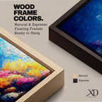 Panoramic painting of a vibrant coral reef scene with colorful tropical fish swimming through deep blue water. Bright coral formations in pink, orange, yellow, and purple spread across the seabed while small golden fish glide above the reef in a lively underwater composition.