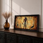Panoramic painting inspired by ancient Egyptian wall art featuring a standing pharaoh figure surrounded by hieroglyphic symbols and traditional motifs. Warm gold and sand tones form a textured background while stylized figures, sacred birds, and vertical hieroglyph panels create a historic Egyptian mural composition.