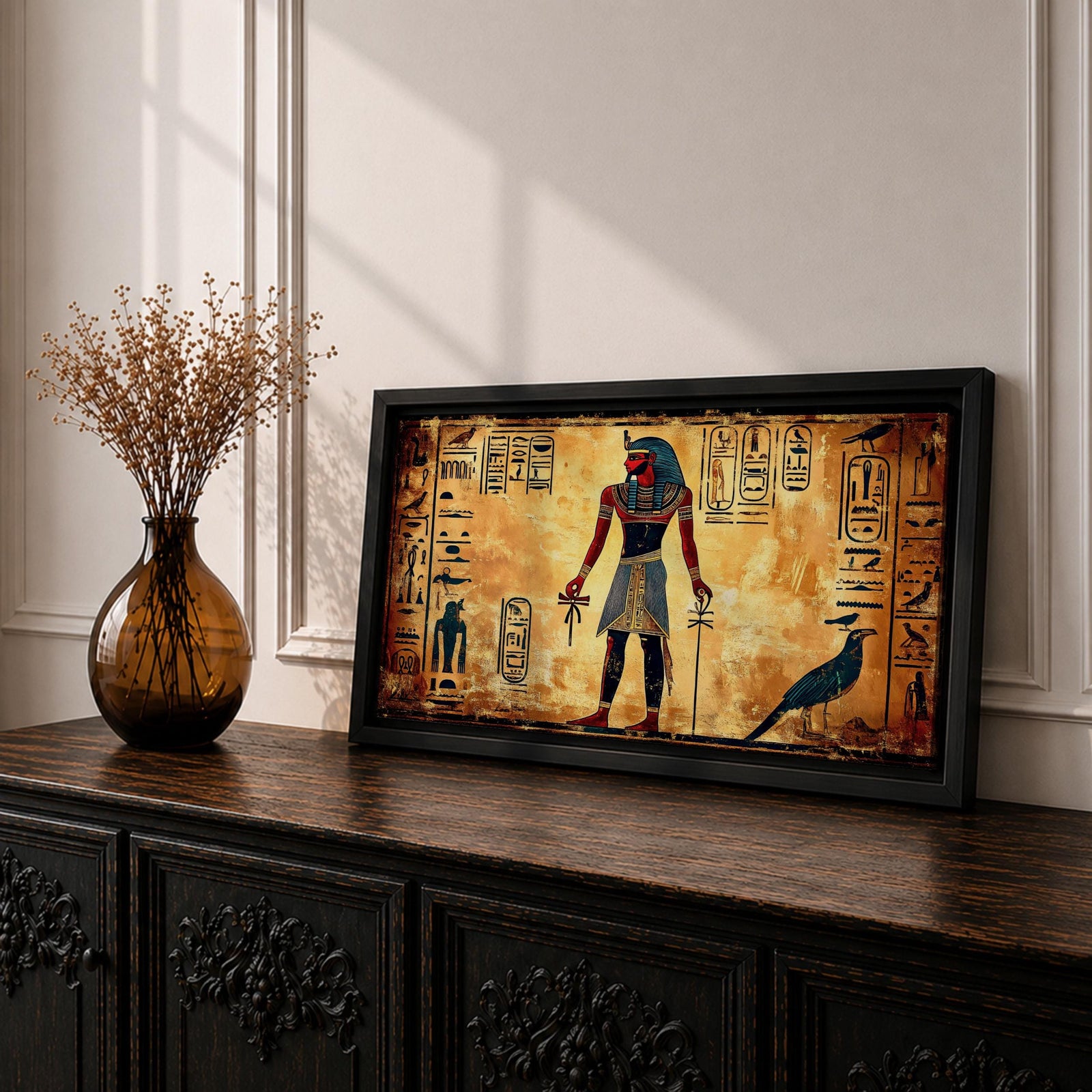 Panoramic painting inspired by ancient Egyptian wall art featuring a standing pharaoh figure surrounded by hieroglyphic symbols and traditional motifs. Warm gold and sand tones form a textured background while stylized figures, sacred birds, and vertical hieroglyph panels create a historic Egyptian mural composition.