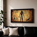 Panoramic painting inspired by ancient Egyptian wall art featuring a standing pharaoh figure surrounded by hieroglyphic symbols and traditional motifs. Warm gold and sand tones form a textured background while stylized figures, sacred birds, and vertical hieroglyph panels create a historic Egyptian mural composition.