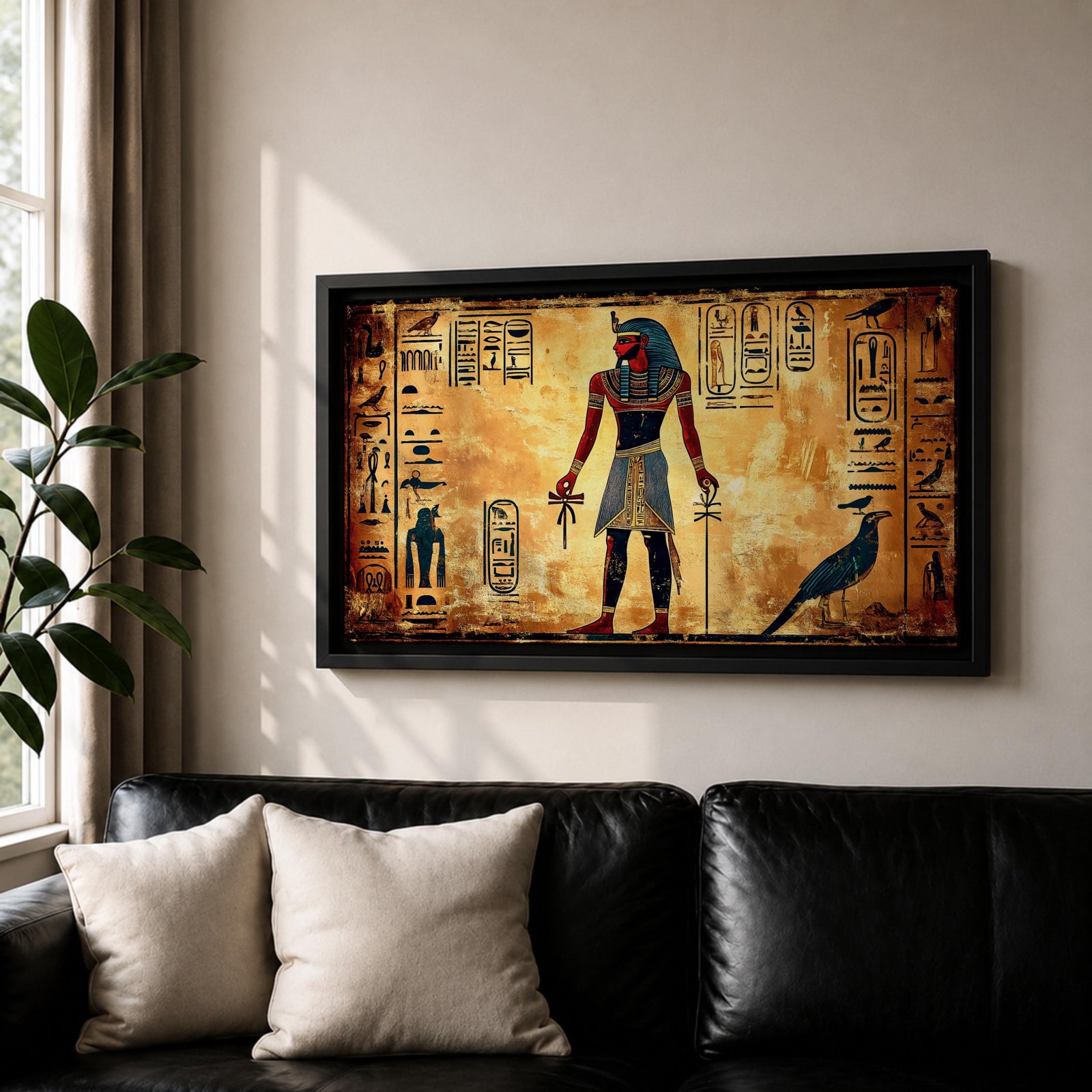 Panoramic painting inspired by ancient Egyptian wall art featuring a standing pharaoh figure surrounded by hieroglyphic symbols and traditional motifs. Warm gold and sand tones form a textured background while stylized figures, sacred birds, and vertical hieroglyph panels create a historic Egyptian mural composition.