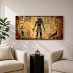 Panoramic painting inspired by ancient Egyptian wall art featuring a standing pharaoh figure surrounded by hieroglyphic symbols and traditional motifs. Warm gold and sand tones form a textured background while stylized figures, sacred birds, and vertical hieroglyph panels create a historic Egyptian mural composition.