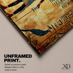 Panoramic painting inspired by ancient Egyptian wall art featuring a standing pharaoh figure surrounded by hieroglyphic symbols and traditional motifs. Warm gold and sand tones form a textured background while stylized figures, sacred birds, and vertical hieroglyph panels create a historic Egyptian mural composition.