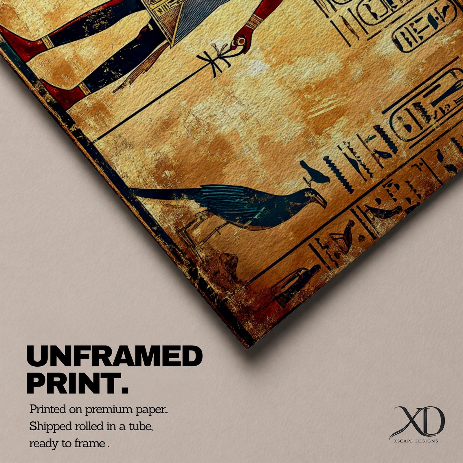 Panoramic painting inspired by ancient Egyptian wall art featuring a standing pharaoh figure surrounded by hieroglyphic symbols and traditional motifs. Warm gold and sand tones form a textured background while stylized figures, sacred birds, and vertical hieroglyph panels create a historic Egyptian mural composition.