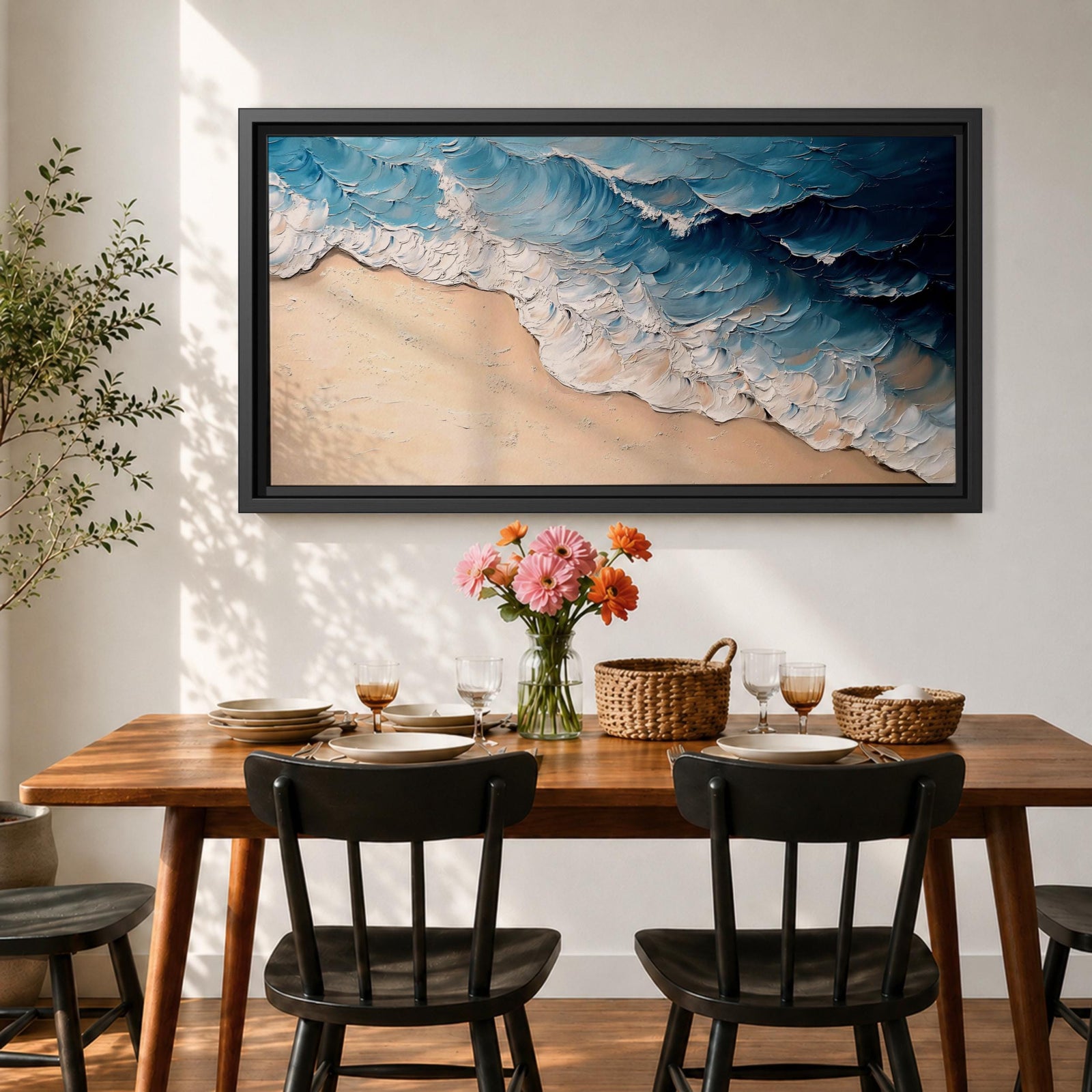 Panoramic painting of ocean waves rolling onto a sandy beach viewed from above. Thick textured brushstrokes form layered blue and turquoise surf breaking across the shoreline while white foam curls along the edge of the sand, creating a dynamic coastal seascape composition.