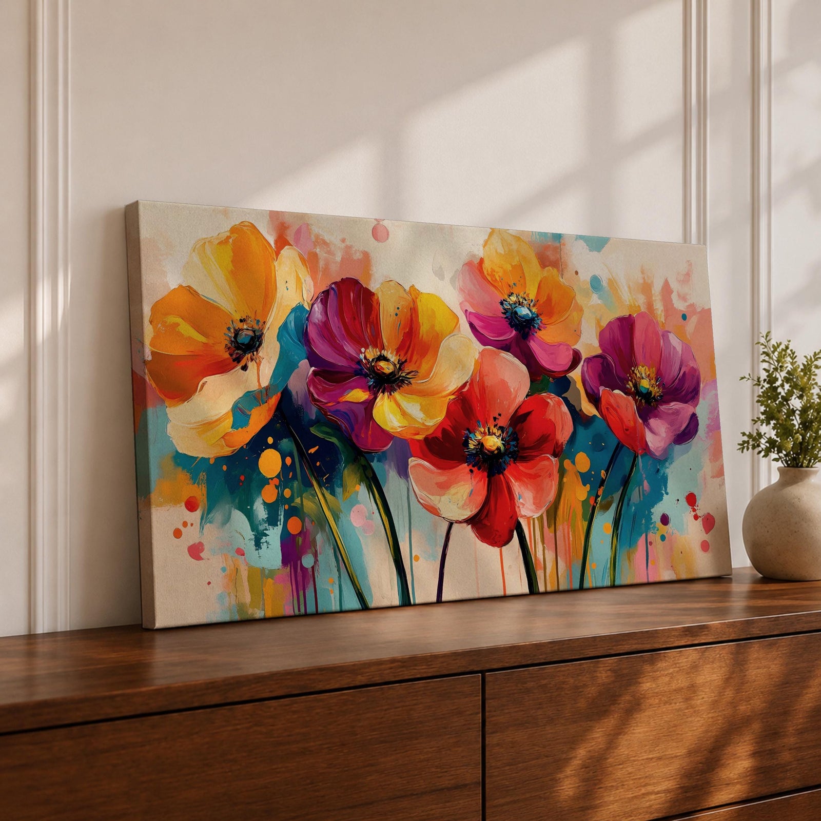 Panoramic painting of vibrant poppy and anemone flowers with large colorful petals in red, orange, yellow, pink, and purple. Expressive brushstrokes and paint splashes create a modern botanical composition with tall stems and abstract color drips against a bright background.