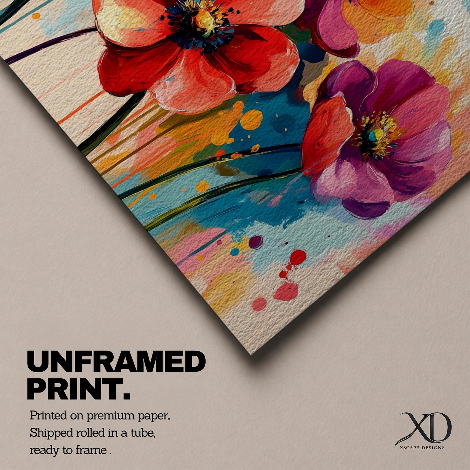 Panoramic painting of vibrant poppy and anemone flowers with large colorful petals in red, orange, yellow, pink, and purple. Expressive brushstrokes and paint splashes create a modern botanical composition with tall stems and abstract color drips against a bright background.