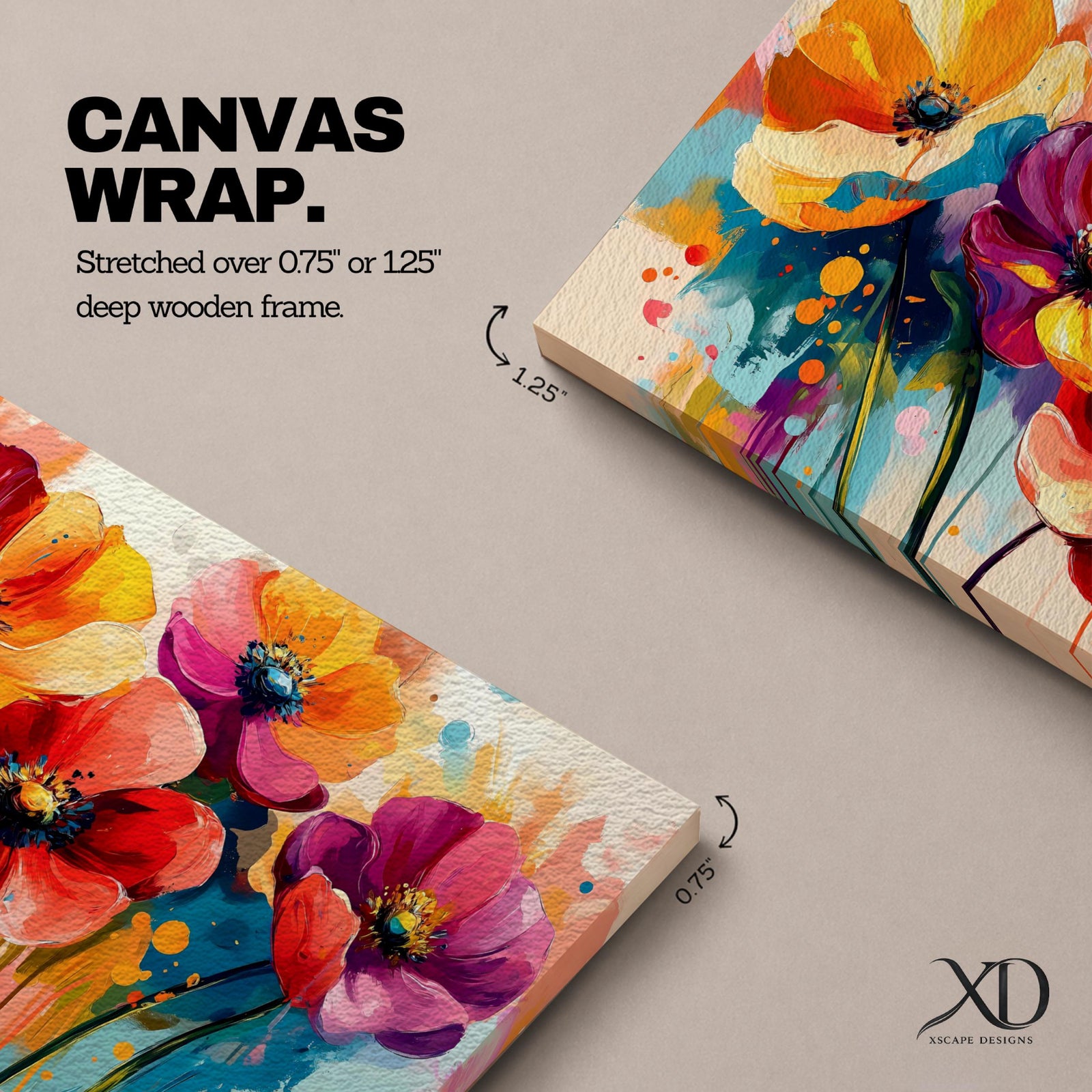 Panoramic painting of vibrant poppy and anemone flowers with large colorful petals in red, orange, yellow, pink, and purple. Expressive brushstrokes and paint splashes create a modern botanical composition with tall stems and abstract color drips against a bright background.