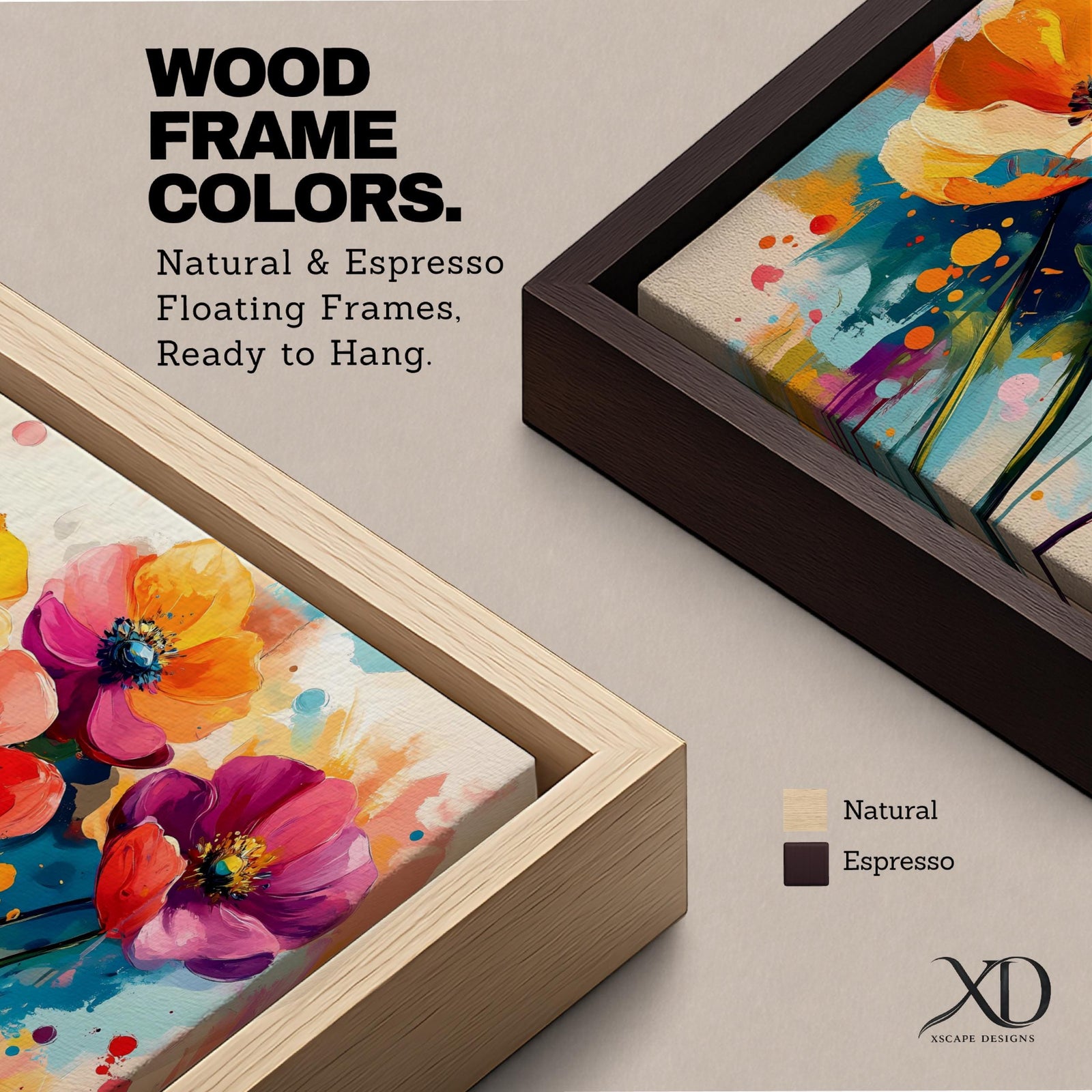 Panoramic painting of vibrant poppy and anemone flowers with large colorful petals in red, orange, yellow, pink, and purple. Expressive brushstrokes and paint splashes create a modern botanical composition with tall stems and abstract color drips against a bright background.