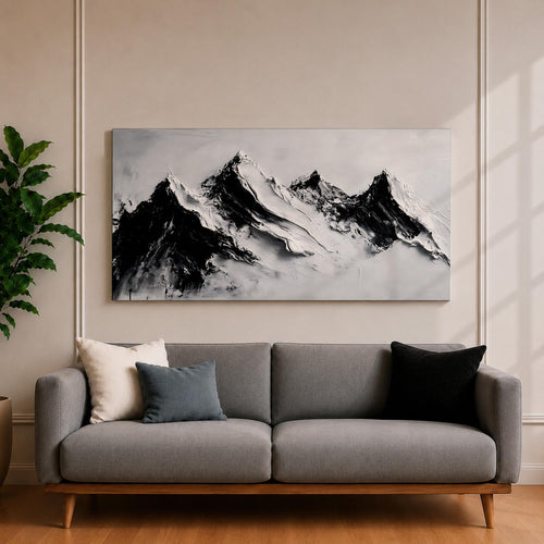Panoramic black and white painting of alpine peaks with dramatic snowy mountains rising through mist and clouds. Thick textured brushstrokes create strong contrast between dark rocky ridges and bright snowfields, forming a minimalist monochrome mountain landscape stretching across a wide composition.