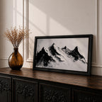 Panoramic black and white painting of alpine peaks with dramatic snowy mountains rising through mist and clouds. Thick textured brushstrokes create strong contrast between dark rocky ridges and bright snowfields, forming a minimalist monochrome mountain landscape stretching across a wide composition.