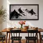 Panoramic black and white painting of alpine peaks with dramatic snowy mountains rising through mist and clouds. Thick textured brushstrokes create strong contrast between dark rocky ridges and bright snowfields, forming a minimalist monochrome mountain landscape stretching across a wide composition.