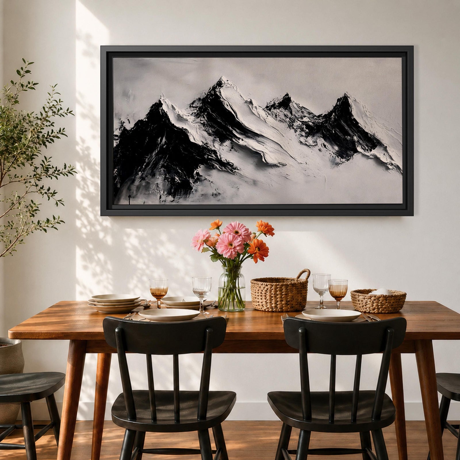 Panoramic black and white painting of alpine peaks with dramatic snowy mountains rising through mist and clouds. Thick textured brushstrokes create strong contrast between dark rocky ridges and bright snowfields, forming a minimalist monochrome mountain landscape stretching across a wide composition.