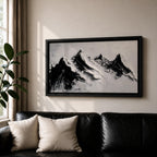Panoramic black and white painting of alpine peaks with dramatic snowy mountains rising through mist and clouds. Thick textured brushstrokes create strong contrast between dark rocky ridges and bright snowfields, forming a minimalist monochrome mountain landscape stretching across a wide composition.