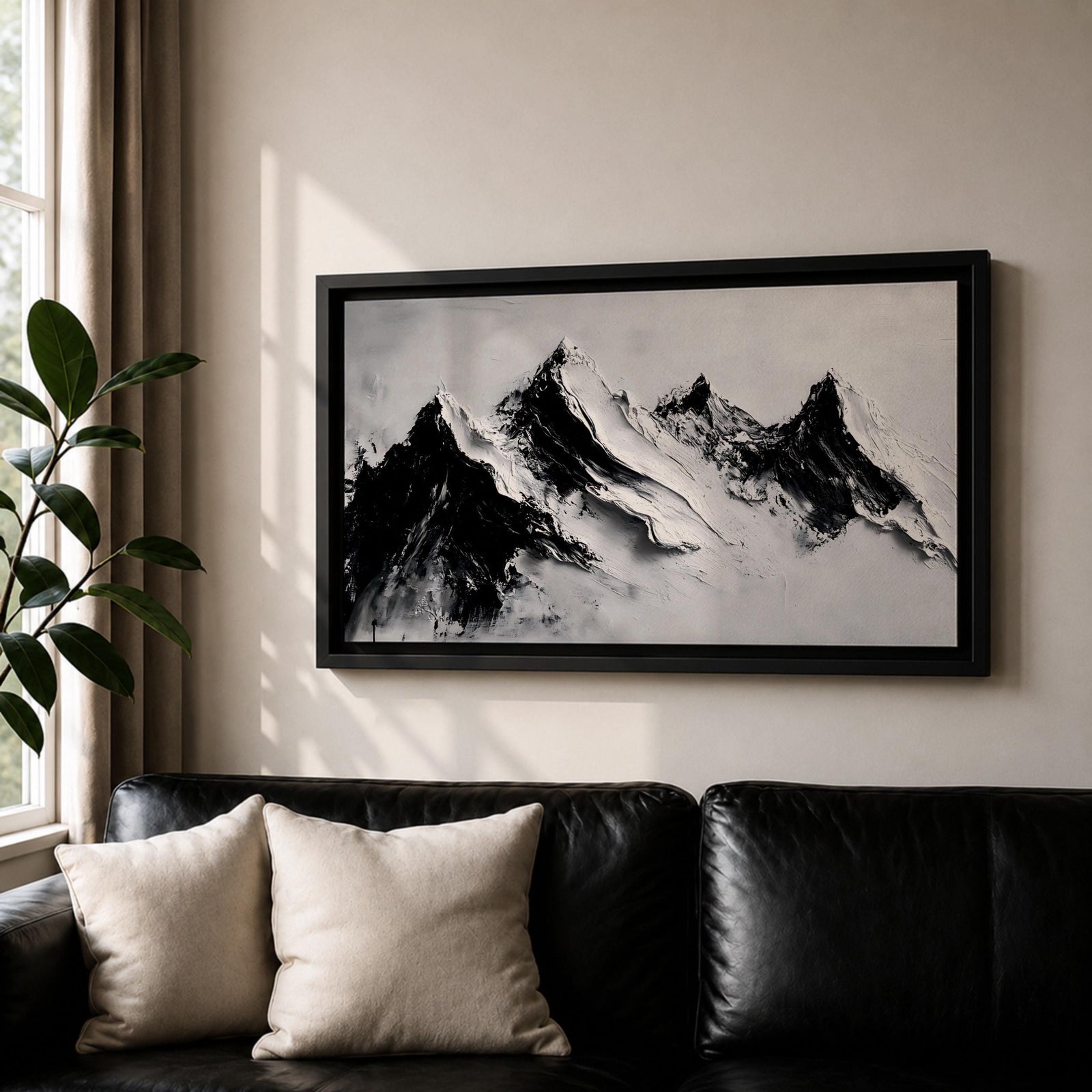 Panoramic black and white painting of alpine peaks with dramatic snowy mountains rising through mist and clouds. Thick textured brushstrokes create strong contrast between dark rocky ridges and bright snowfields, forming a minimalist monochrome mountain landscape stretching across a wide composition.