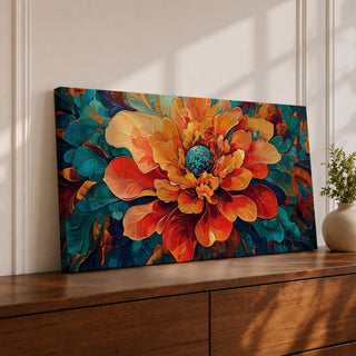 Panoramic painting of a large blooming peony style flower with layered petals in vivid orange, coral, and golden tones. Teal and deep blue leaves surround the blossom while intricate textures and flowing brushstrokes create a bold modern botanical composition centered on the vibrant floral bloom.