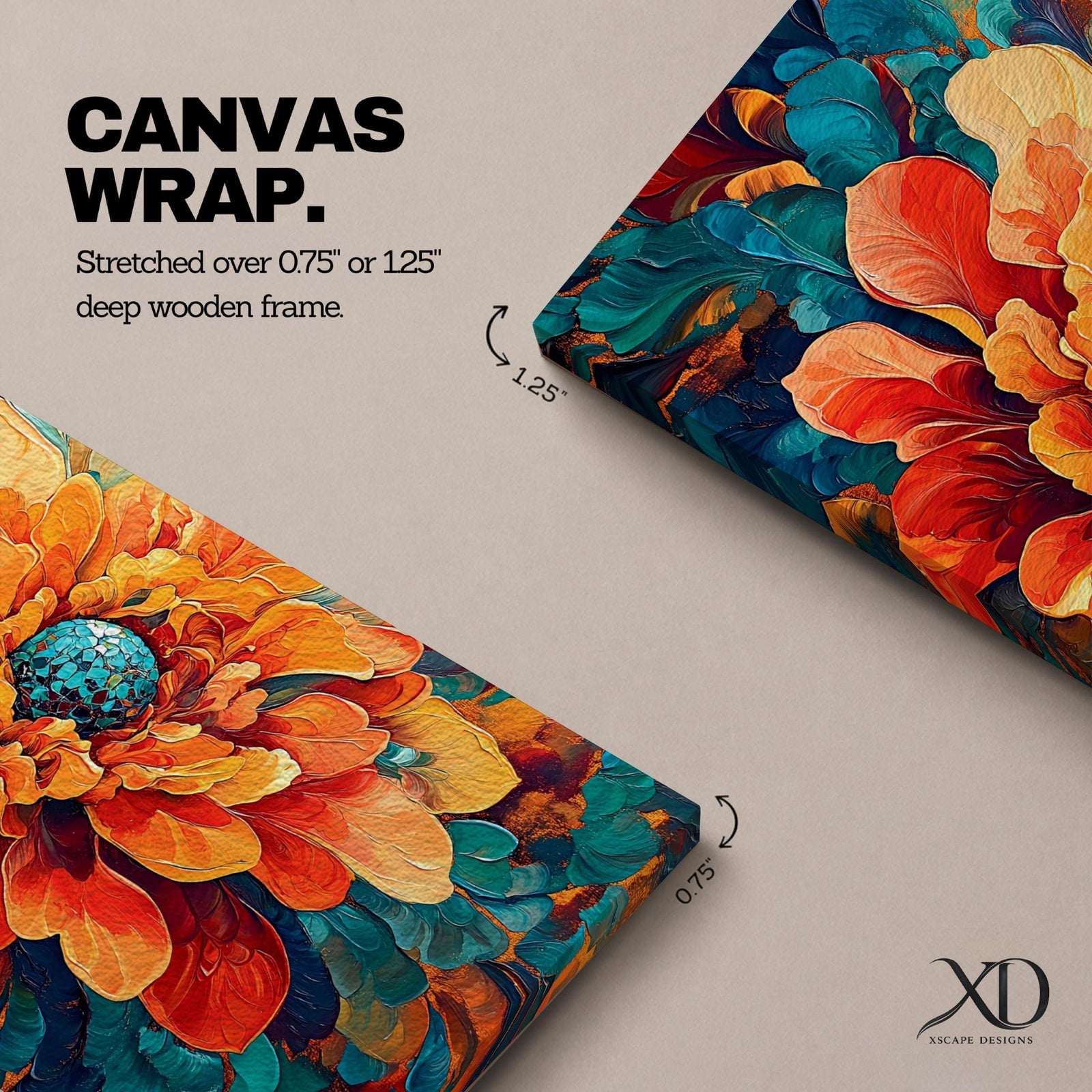 Panoramic painting of a large blooming peony style flower with layered petals in vivid orange, coral, and golden tones. Teal and deep blue leaves surround the blossom while intricate textures and flowing brushstrokes create a bold modern botanical composition centered on the vibrant floral bloom.