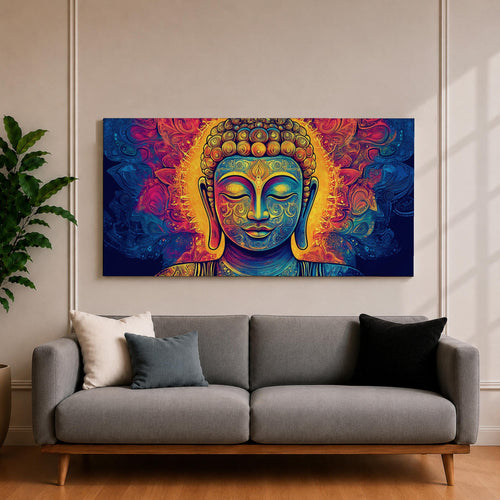 Panoramic painting of Buddha with closed eyes and a calm expression surrounded by intricate ornamental patterns and radiant golden light. Rich blue, purple, and orange tones form detailed swirling designs around the serene face, creating a vibrant spiritual portrait with symmetrical decorative elements.