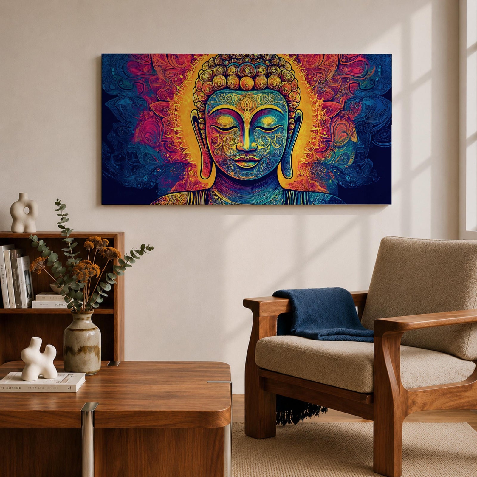Panoramic painting of Buddha with closed eyes and a calm expression surrounded by intricate ornamental patterns and radiant golden light. Rich blue, purple, and orange tones form detailed swirling designs around the serene face, creating a vibrant spiritual portrait with symmetrical decorative elements.