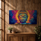 Panoramic painting of Buddha with closed eyes and a calm expression surrounded by intricate ornamental patterns and radiant golden light. Rich blue, purple, and orange tones form detailed swirling designs around the serene face, creating a vibrant spiritual portrait with symmetrical decorative elements.