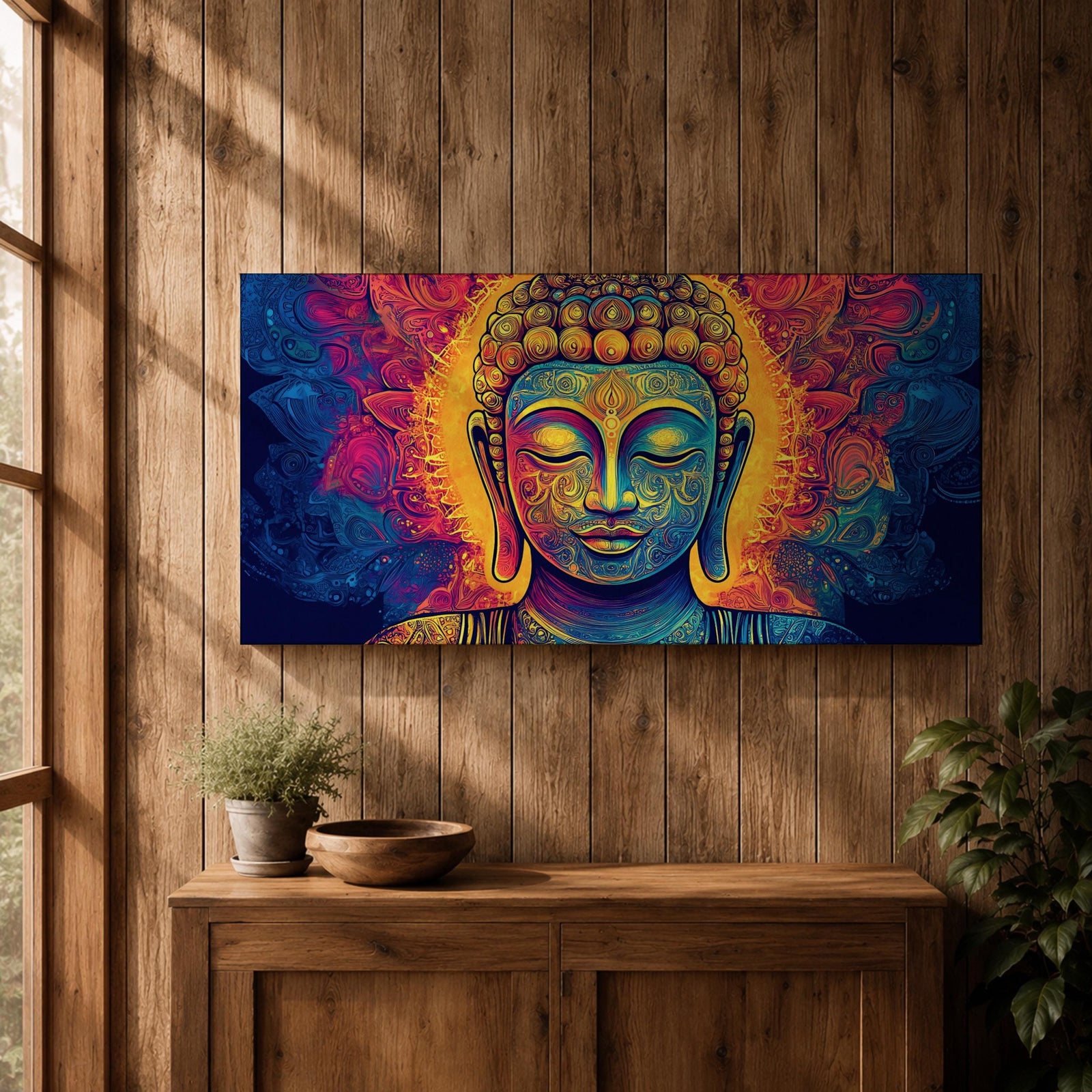 Panoramic painting of Buddha with closed eyes and a calm expression surrounded by intricate ornamental patterns and radiant golden light. Rich blue, purple, and orange tones form detailed swirling designs around the serene face, creating a vibrant spiritual portrait with symmetrical decorative elements.
