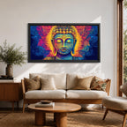 Panoramic painting of Buddha with closed eyes and a calm expression surrounded by intricate ornamental patterns and radiant golden light. Rich blue, purple, and orange tones form detailed swirling designs around the serene face, creating a vibrant spiritual portrait with symmetrical decorative elements.