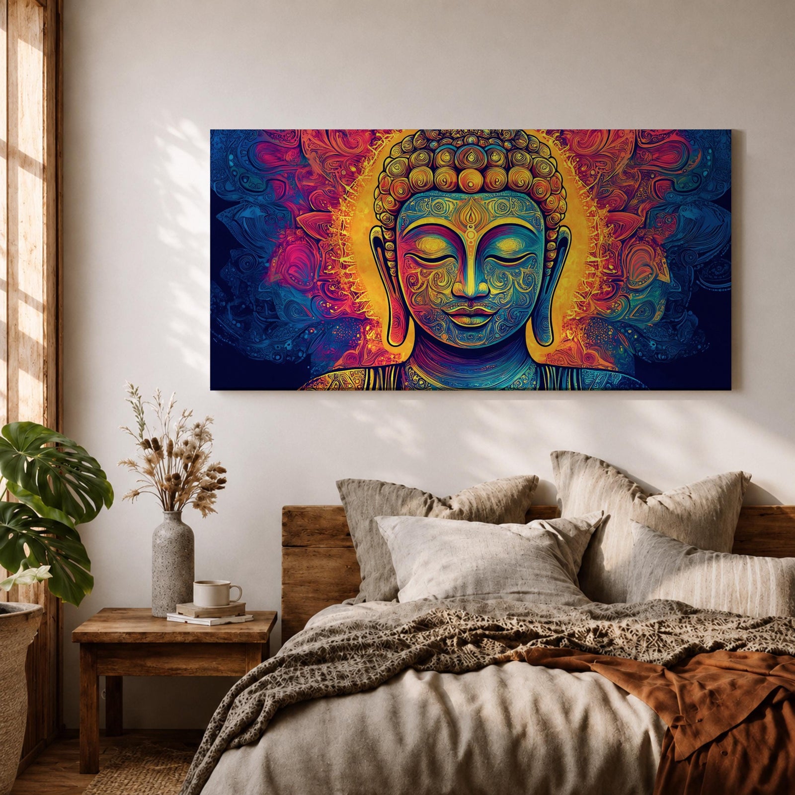 Panoramic painting of Buddha with closed eyes and a calm expression surrounded by intricate ornamental patterns and radiant golden light. Rich blue, purple, and orange tones form detailed swirling designs around the serene face, creating a vibrant spiritual portrait with symmetrical decorative elements.