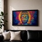 Panoramic painting of Buddha with closed eyes and a calm expression surrounded by intricate ornamental patterns and radiant golden light. Rich blue, purple, and orange tones form detailed swirling designs around the serene face, creating a vibrant spiritual portrait with symmetrical decorative elements.