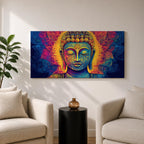 Panoramic painting of Buddha with closed eyes and a calm expression surrounded by intricate ornamental patterns and radiant golden light. Rich blue, purple, and orange tones form detailed swirling designs around the serene face, creating a vibrant spiritual portrait with symmetrical decorative elements.