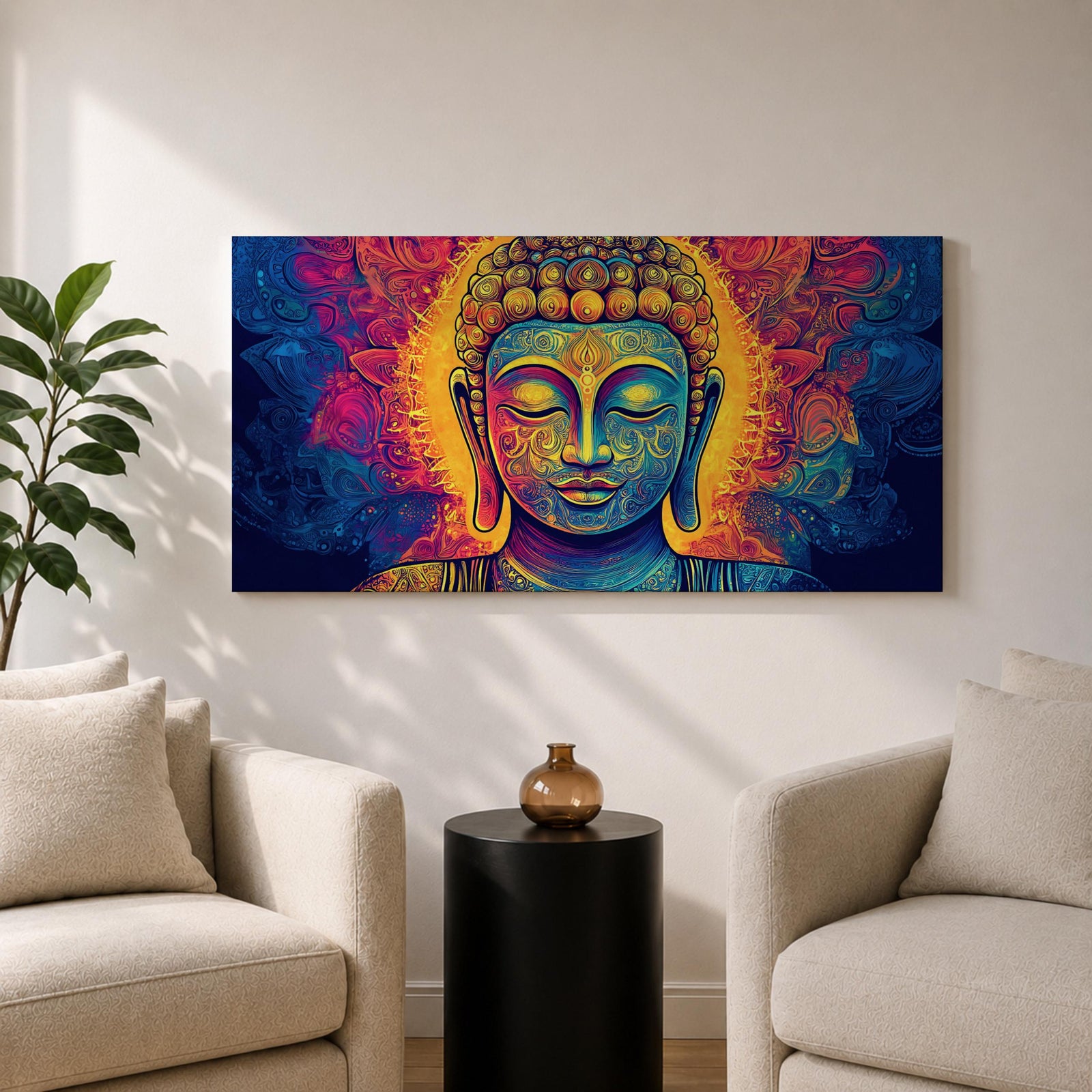 Panoramic painting of Buddha with closed eyes and a calm expression surrounded by intricate ornamental patterns and radiant golden light. Rich blue, purple, and orange tones form detailed swirling designs around the serene face, creating a vibrant spiritual portrait with symmetrical decorative elements.