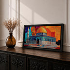 Panoramic painting of the Dome of the Rock with its golden dome and detailed Islamic architecture set against a geometric mosaic style background. Vibrant orange, blue, and red panels surround the historic Jerusalem mosque while a tall minaret rises beside the ornate structure.